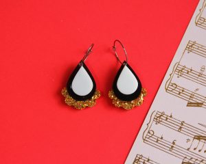 Monochrome and Gold Fancy Hoop Earrings - Black & White Tear Drop