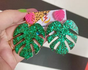 XL Monstera Leaf Stud Earrings - green & hot pink