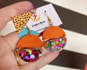 Double Semi-Circle Earrings - orange & star sequins