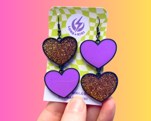 Double Heart Earrings - purple & gold